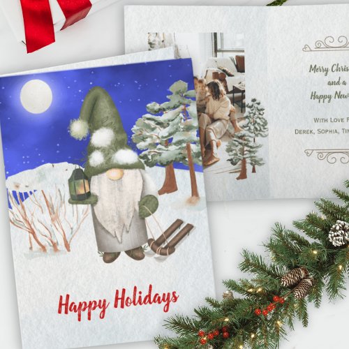 Cute Watercolor One Photo Gnome Merry Christmas Holiday Card