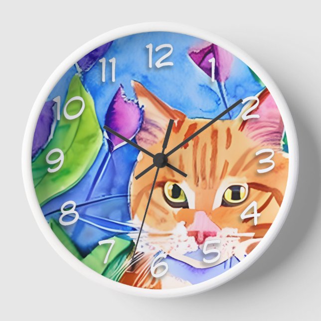 Cute Watercolor Orange Cat Clock (Front)