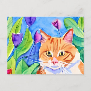 Cute Watercolor Orange Cat Keeping in Touch Postcard