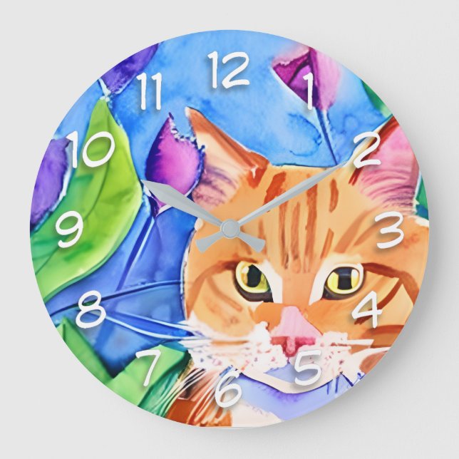 Cute Watercolor Orange Cat Large Clock (Front)