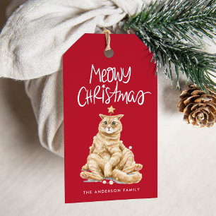 Cute Watercolor Orange Cat Meowy Christmas Gift Tags