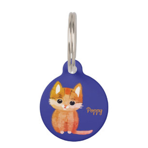 Cute Watercolor Orange Kitten Custom Blue Pet ID Tag