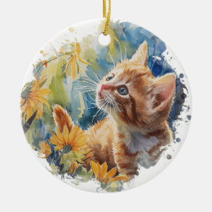 CUTE WATERCOLOR ORANGE TABBY KITTEN WITH FLOWERS CERAMIC ORNAMENT