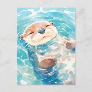 Cute Watercolor Otter Floating in Blue Water Postcard