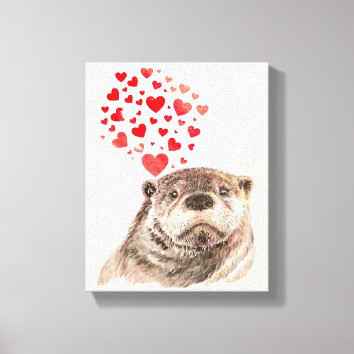 Cute Watercolor Otter Hearts Love Animal Humor  Canvas Print