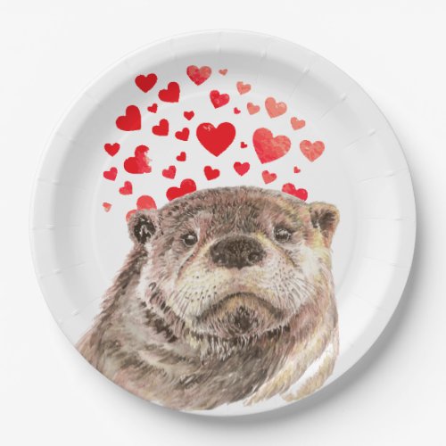 Cute Watercolor Otter Hearts Love Animal Humor  Paper Plates