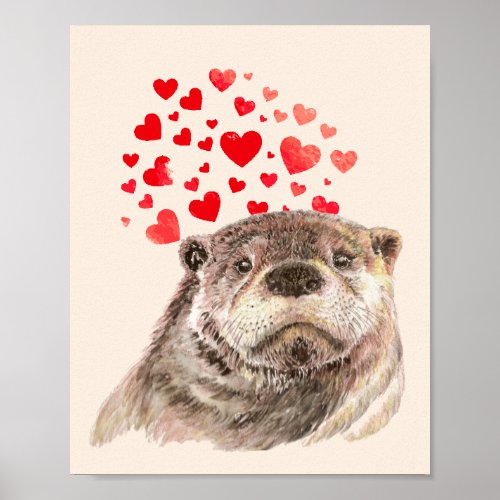 Cute Watercolor Otter Hearts Love Animal Humor Poster