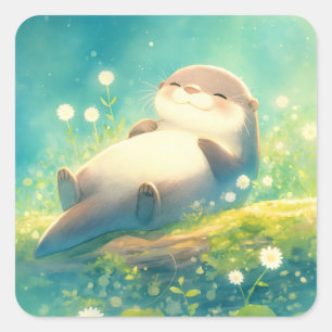 Cute Watercolor Otter Lying on Log in Spring Green Square Sticker