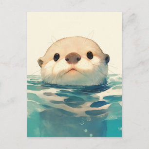 Cute Watercolor Otter Peeking Water Postcard