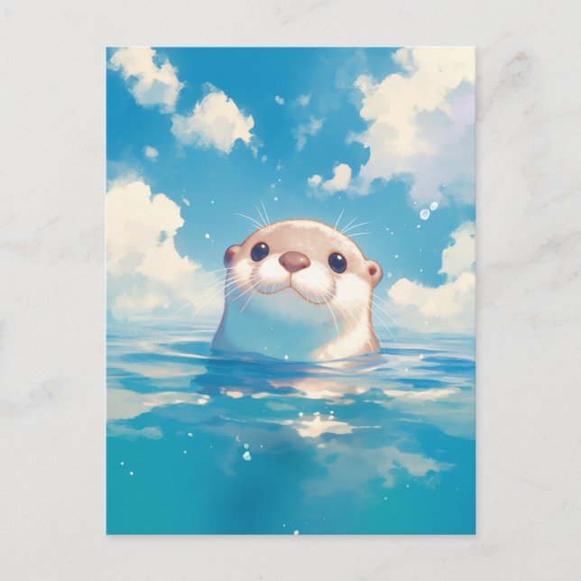 Cute Watercolor Otter Sunlit Blue Sky Postcard (Front)