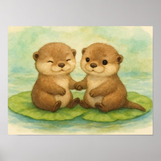 Cute Watercolor Otters Holding Hands Poster