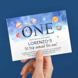 Cute Watercolor Outer Space Boy 1st Birthday Invitation