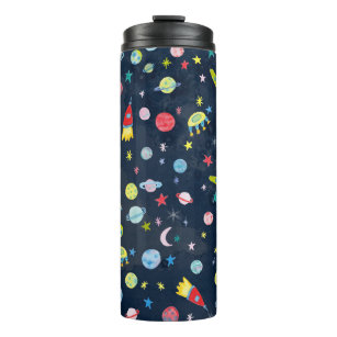 Cute Watercolor Outer Space Planets Rockets Moon Thermal Tumbler