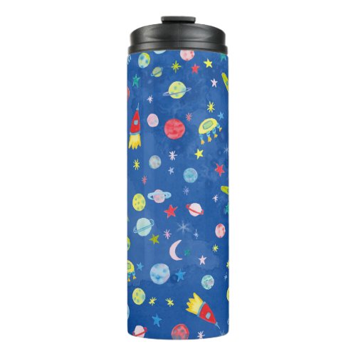 Cute Watercolor Outer Space Planets Rockets Moon Thermal Tumbler