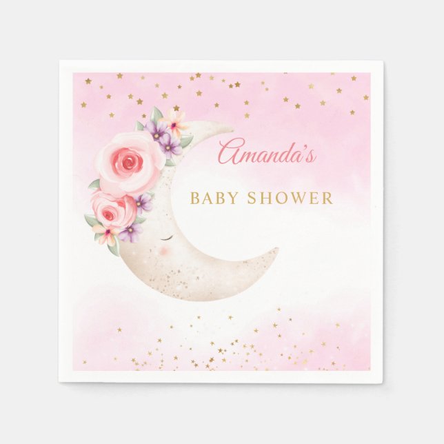 Cute Watercolor Over The Moon Baby Girl Shower  Napkins (Front)