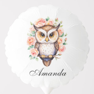 Cute Watercolor Owl and Leafy Roses Balloon