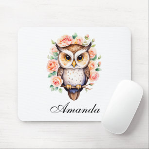Cute Watercolor Owl and Leafy Roses Mouse Pad