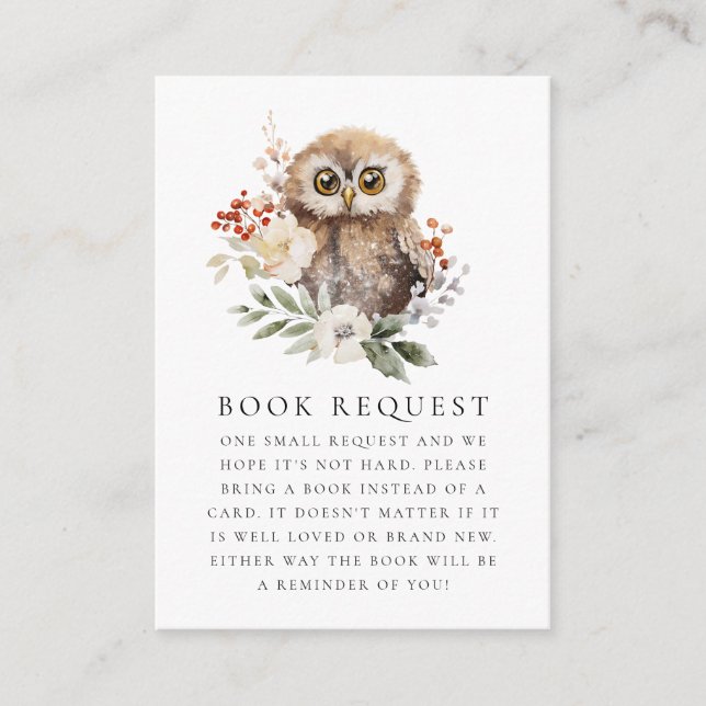 Cute Watercolor Owl Baby Shower Book Request Enclosure Card (Front)