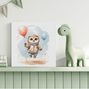 Cute Watercolor Owl Big Balloons Nursery Faux Canvas Print