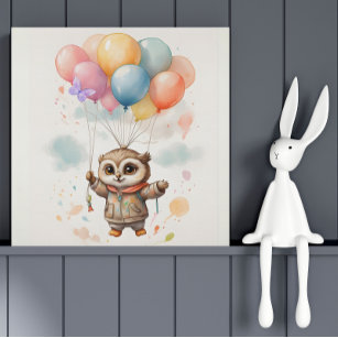 Cute Watercolor Owl Big Balloons Nursery Faux Canvas Print