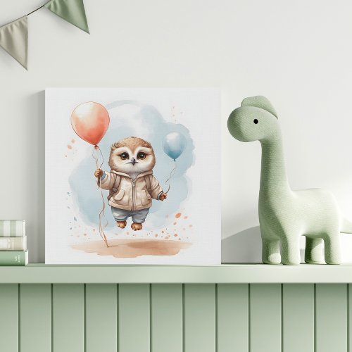 Cute Watercolor Owl Big Balloons Nursery Faux Canvas Print