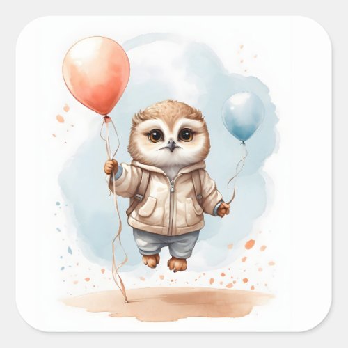 Cute Watercolor Owl Big Colorful Balloons Square S Square Sticker