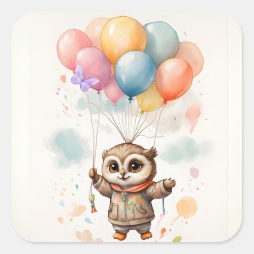 Cute Watercolor Owl Big Colorful Balloons Square Sticker
