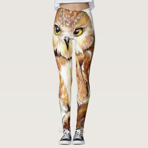 Cute Watercolor Owl Bird  Head Pattern Leggings