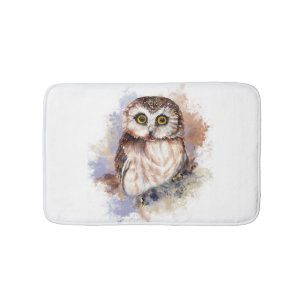 Cute Watercolor Owl Bird Nature art Bathroom Mat