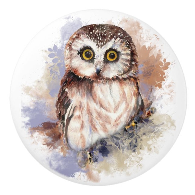 Cute Watercolor Owl Bird Nature art Ceramic Knob (Front)