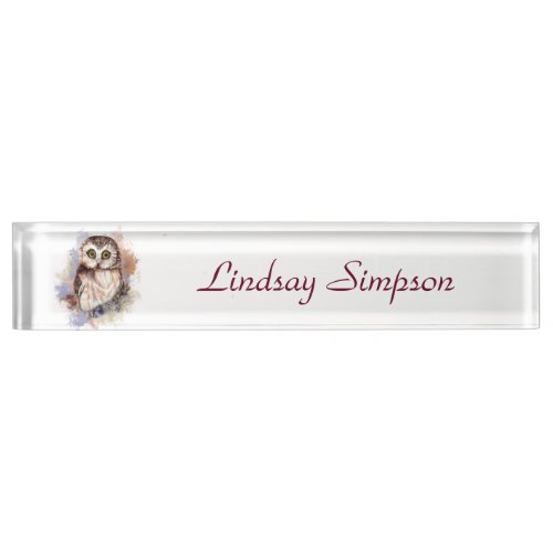 Cute Watercolor Owl Bird Nature art Desk Name Plate