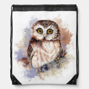 Cute Watercolor Owl Bird Nature art Drawstring Bag