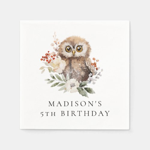Cute Watercolor Owl Birthday Party Napkins