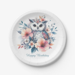 Cute watercolor Owl Cherry Blossoms Birthday Paper Plates
