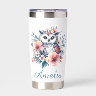 Cute watercolor Owl Cherry Blossoms Personalized  Insulated Tumbler