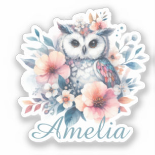 Cute watercolor Owl Cherry Blossoms Personalized Sticker