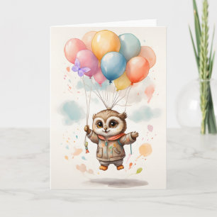 Cute Watercolor Owl Colorful Balloons Blank Card