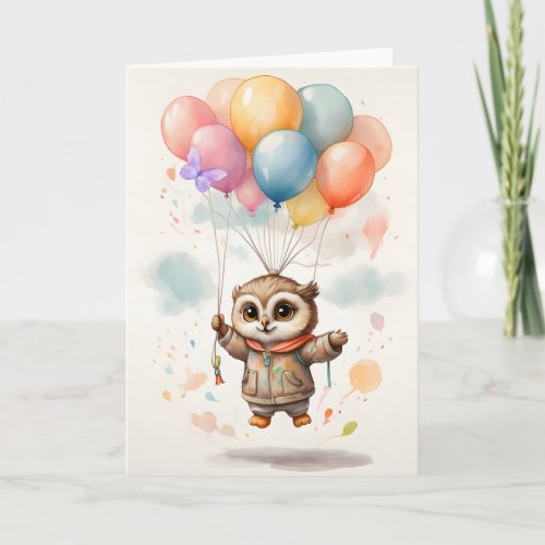 Cute Watercolor Owl Colorful Balloons Blank  Card