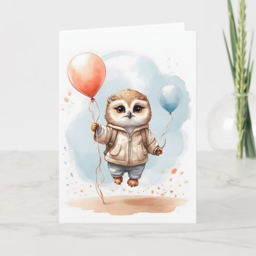 Cute Watercolor Owl Colorful Balloons Blank  Card