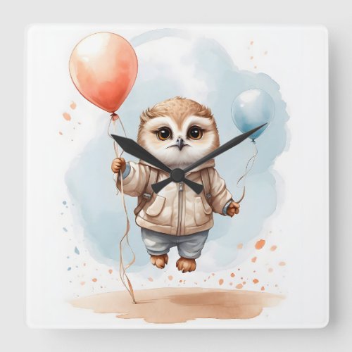 Cute Watercolor Owl Colorful Balloons Nursery Square Wall Clock