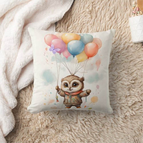 Cute Watercolor Owl Colorful Balloons Nursery Throw Pillow