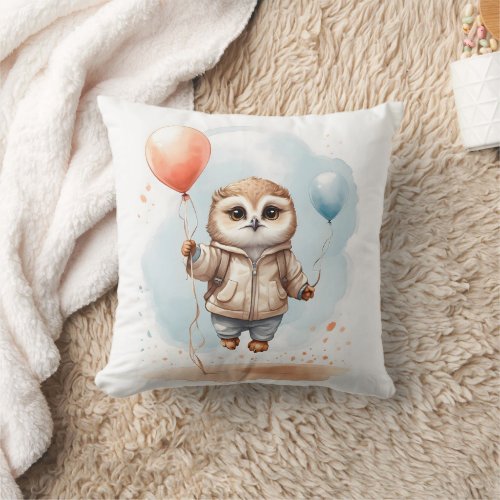 Cute Watercolor Owl Colorful Balloons Nursery Throw Pillow