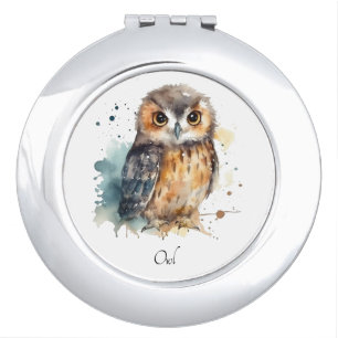 Cute Watercolor Owl, custom Compact Mirror