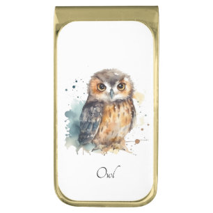 Cute Watercolor Owl, custom Gold Finish Money Clip