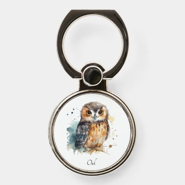 Cute Watercolor Owl, custom Phone Ring Stand (Front)