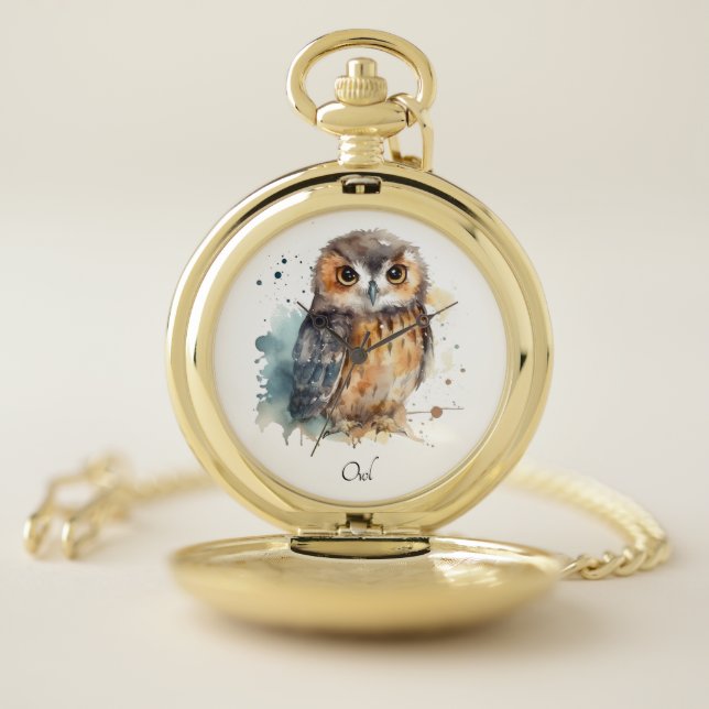 Cute Watercolor Owl, custom Pocket Watch (Inside)