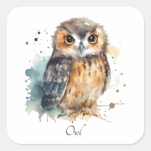 Cute Watercolor Owl, custom Square Sticker