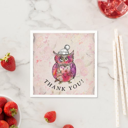 Cute Watercolor Owl Floral Pattern Birthday Party Napkins