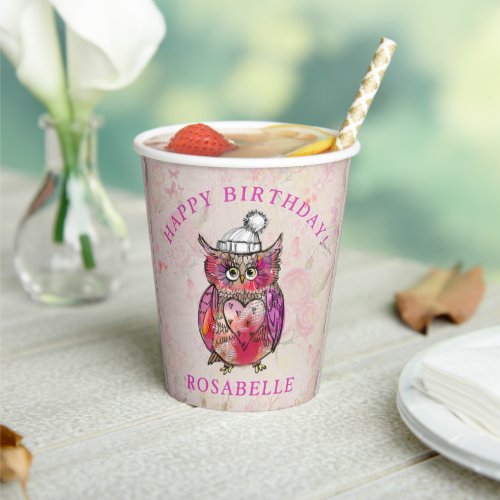 Cute Watercolor Owl Floral Pattern Birthday Party Paper Cups