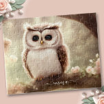 Cute watercolor owl name jigsaw puzzle<br><div class="desc">Personalized jigsaw puzzle with the cutest watercolor owl in the forest in muted colors and soft morning sunlight. Easily personalize the name or leave it blank. Matching items available in my store - Kate Eden Art.</div>